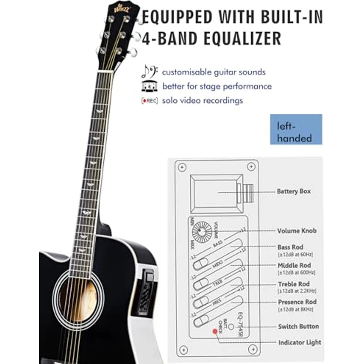 Winzz Elektro-Akustik Gitarre 4/4 für Linkshänder, Schwarz-Glänzend, inkl. 11 Zubehörteilen und Stahlsaiten, ideal für Anfänger und Kinder – Bild 5