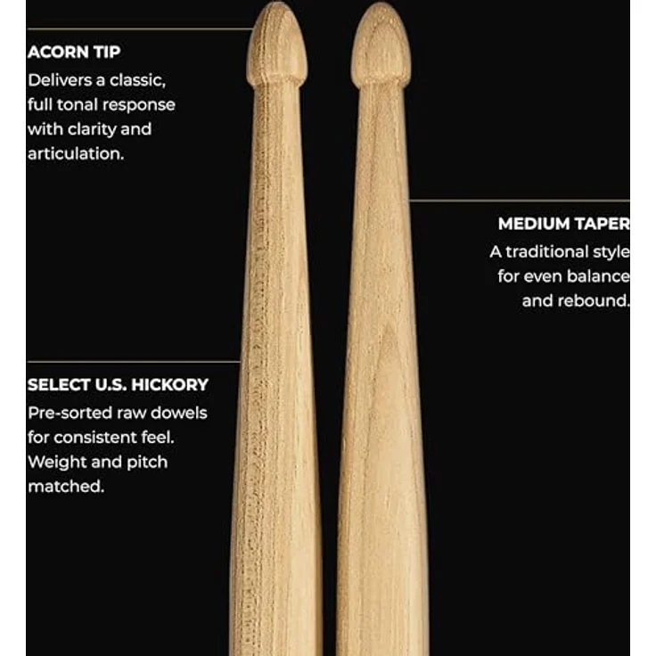 Meinl 5A Standard Hickory, Drumsticks aus American Hickory mit eichelförmigem Holzkopf, medium Gewicht, Länge 406 mm, Durchmesser 14,4 mm – Bild 4