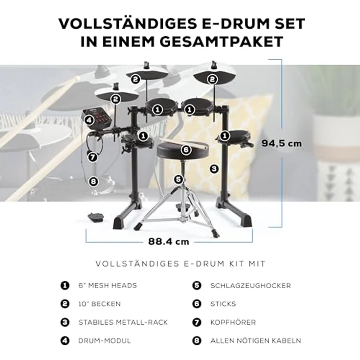 Alesis Debut Kit, komplettes E-Drumset für Einsteiger mit 10 Drumkits, 120 Sounds, 30 Patterns, inkl. Sitz, Sticks, Kopfhörer und USB-MIDI – Bild 2