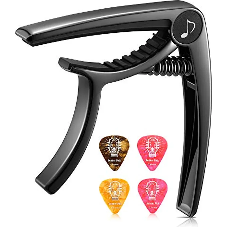 Donner Gitarren-Capodaster DC-2, schwarz, für E- und Akustikgitarre sowie Ukulele, inkl. 4 Plektren, mit hochwertiger Zinklegierung und Saitenschutzpolstern