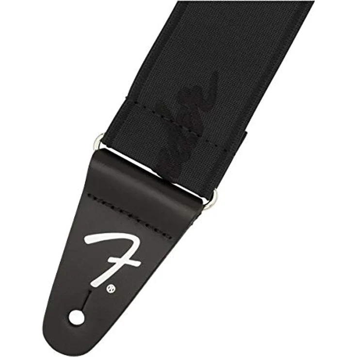 Fender Running Logo Strap BB, Gitarrengurt aus Polyester mit Elastan, verstellbar 111,70 cm - 133,30 cm, Farbe Schwarz, Lederenden, Made in Kanada – Bild 2