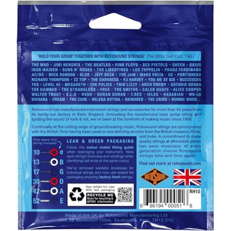 Rotosound RH10 E-Gitarre Saiten, Nickel plated BLUES 10-52, Light/Heavy, Made in UK mit zusätzlicher E1-Saite – Bild 3