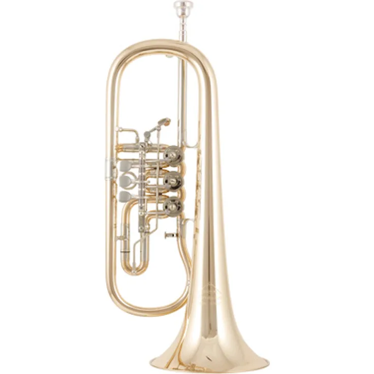 Miraphone 24R 1100 A100, Premium Flugelhorn mit goldmessing lackiertem Schallbecher, Zylinderventilen und Trigger am dritten Zug