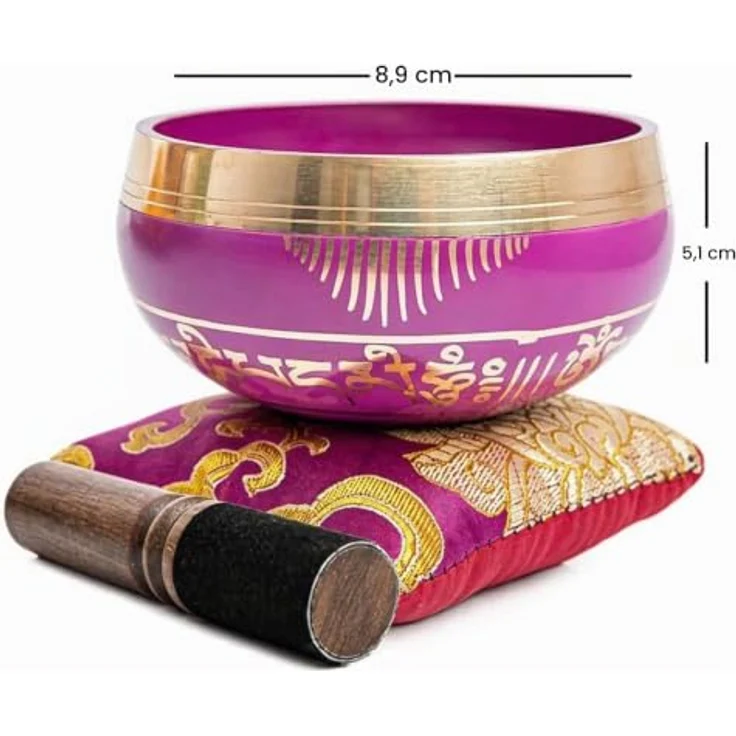 HIMALAYAN BAZAAR Tibetisches Klangschalen-Set, handgefertigte 7,6 cm Klangschale für Meditation und Achtsamkeit, inkl. Seidenkissen, Schlägel und Tasche, Orchidee – Bild 2