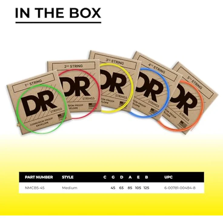 DR Strings HiDef Neon Multi-Color 5-String Bass NMCB5-45, K3-beschichtet für lange Lebensdauer und klare Projektion, Saitenstärken: 45-125 – Bild 5