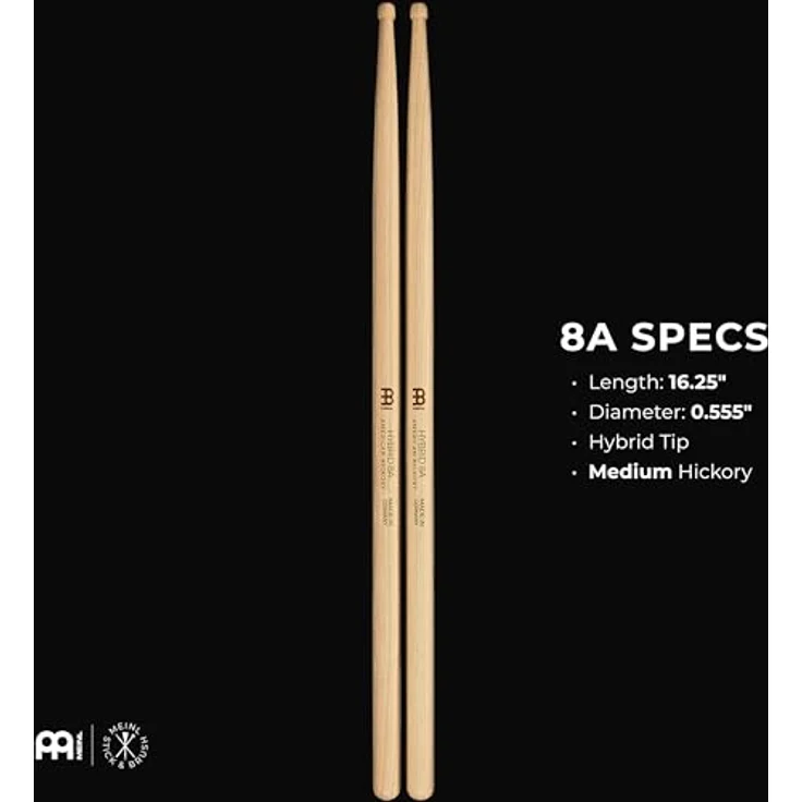 Meinl 8A Hybrid Hickory Drumsticks, American Hickory Holz, medium Gewicht, 413 mm Länge, 14,1 mm Durchmesser, made in Germany – Bild 3