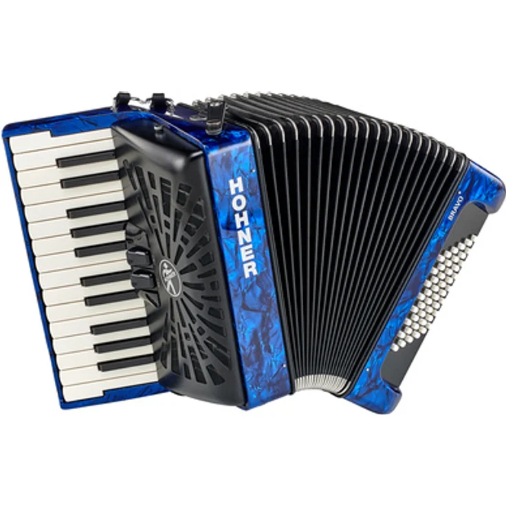 Hohner Bravo II 48 Blue, Piano-Akkordeon mit 48 Bässen, Silent Key und 26 Diskanttasten, inkl. Gig Bag