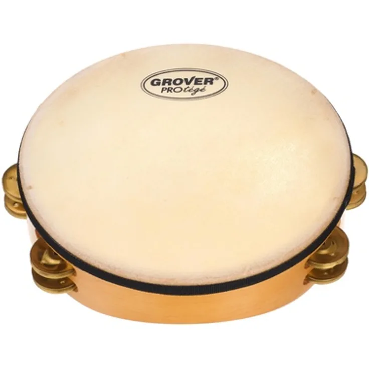Grover Pro Percussion P-T2/BR Tambourine Protégé, 10" zweireihig mit Messingschellen und Naturfell, Hartholzkessel in Hochglanz, konischer Kessel mit Fingergriff