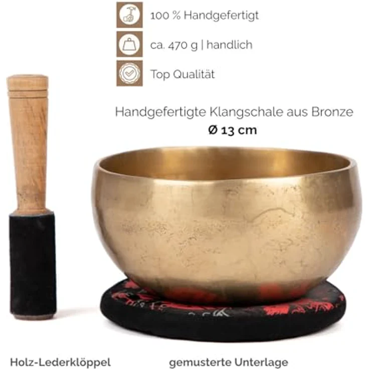 Bodhi Tibetische Klangschale Ø 13 cm, Handgefertigtes Klangschalen Set aus Bronze mit Kissen & Klöppel, Gold/Holzfarben, Ideal für Meditation und als spirituelles Geschenk – Bild 3