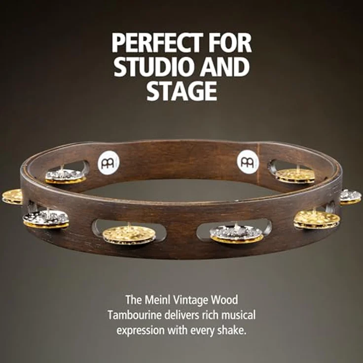 Meinl TA1VM-WB Vintage Tambourine, 10" Holzkessel mit 8 Paar gehämmerten Messingschellen und Stahlschellen, Walnut Brown – Bild 2