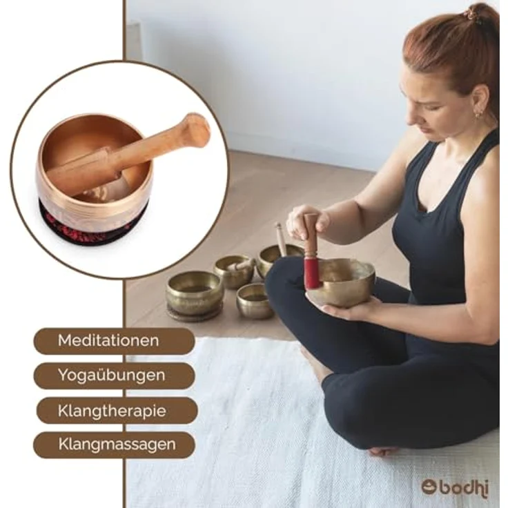 Bodhi Indische Klangschale Ø 8 cm, Messing mit Verzierung, Set inkl. Kissen, Klöppel & Geschenkbox, golden/hölzern, ideal für Meditation und Klangtherapie – Bild 4
