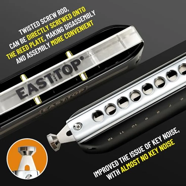EAST TOP FORERUNNER 2.0, Chromatische Mundharmonika ohne Ventile, 12-Loch, 48 Töne in C-Key, transparenter ABS-Kamm in Weiß, Edelstahlabdeckungen mit mattem Finish, ideal für Erwachsene, Anfänger und Studenten – Bild 4