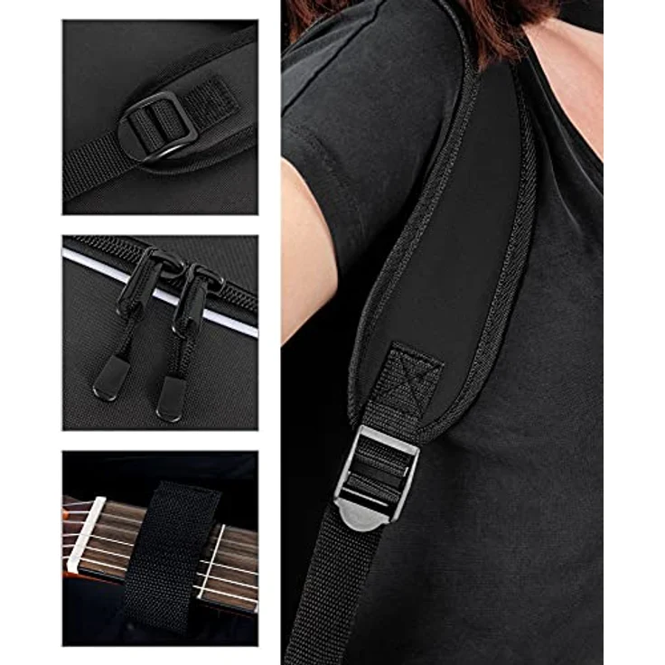 ROCKTILE 1/2 Klassik-Gitarrentasche, gepolsterter Gigbag mit Rucksackgarnitur und 2 Außentaschen, schwarz – Bild 4