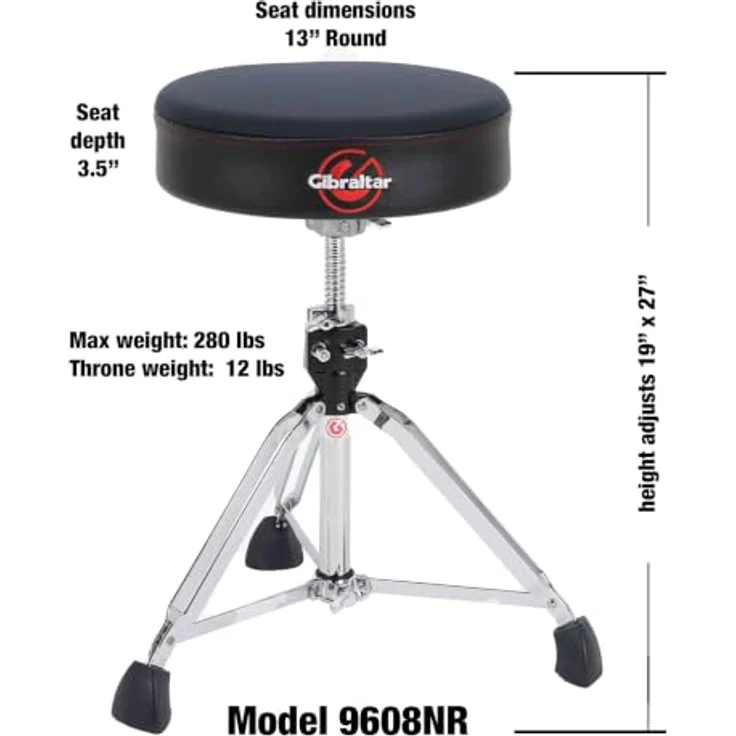 Gibraltar Schlagzeughocker 9000 Series, Drumhocker Round Neoprene 9608NR, Durchmesser 35cm, höhenverstellbar 51-66cm, Super Lock, Dreibein-Position, 'Super Foot' Gummifüße – Bild 2