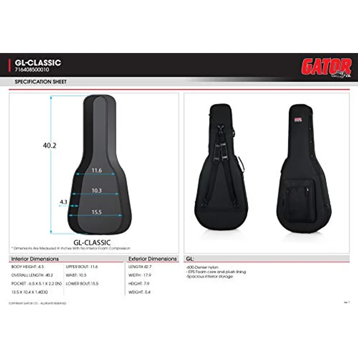 Gator Foam Case Classic, Gitarrenkoffer mit Innenmaßen von 102 cm und leichtem Gewicht von 2,8 kg – Bild 17