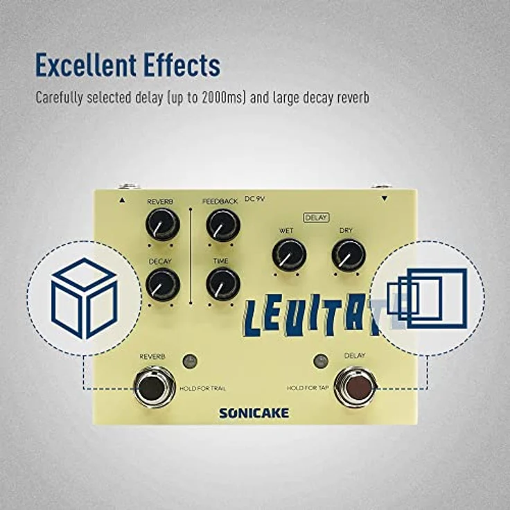 SONICAKE Delay und Reverb Gitarren Effektpedal Digital Levitate, 2 in 1 mit 2000ms Delay Time und Trail-Funktion – Bild 3