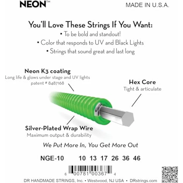 DR STRINGS NGE10 Gitarrensaiten, beschichtet in Neon-Grün, Medium (10-46) für klaren Klang und brillante Töne – Bild 3
