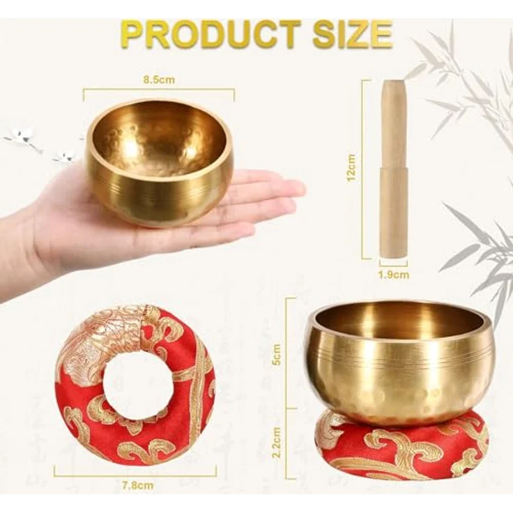Gowkeey Tibetische Klangschalen Set, 8.5 cm handgefertigt mit Holzklöppel und Kissen, ideal für Meditation und Yoga – Bild 2