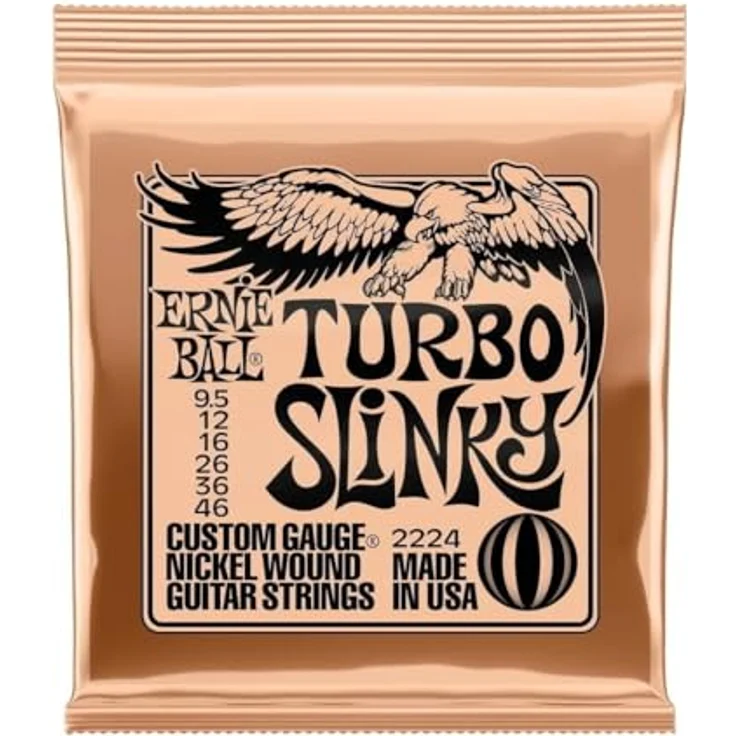 Ernie Ball Turbo Slinky Nickelwound E-Gitarrensaiten, Stärke 9.5-46, heller und ausgewogener Ton, Element Shield-Verpackung für Frische – Bild 1