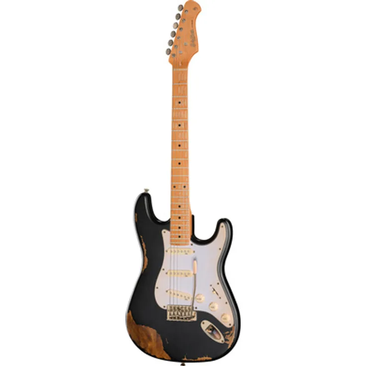 Harley Benton ST-62HA MN BK, E-Gitarre mit American Erle Korpus, vintage karamellisiertem Ahorn Hals, heavy aged black Finish