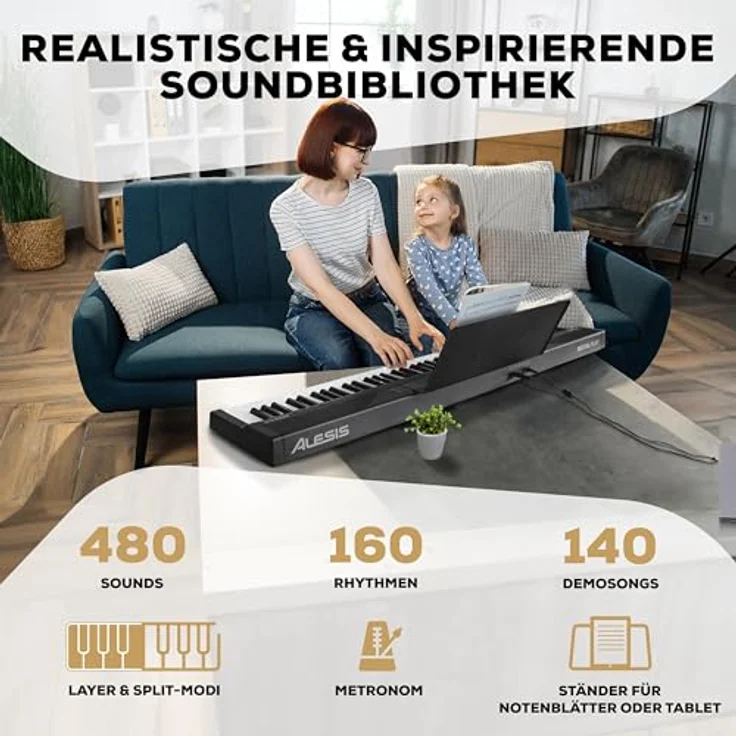 Alesis Recital Play E-Piano, 88 Tasten, 480 Sounds, Lautsprecher, USB-MIDI, inklusive Klavierlektionen für Anfänger und Notenablage – Bild 4