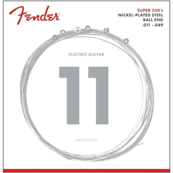 Fender Super 250 Gitarrensaiten für E-Gitarre, Nickelbeschichteter Stahl, Ballend, Saitensatz .011-.049, 6 Stück
