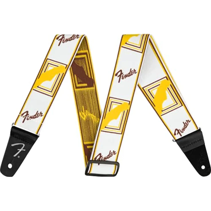 Fender Weighless 2" Monogram Strap, Gitarrengurt aus Polyester mit Lederenden, verstellbar von 111 cm bis 133 cm, White/Brown/Yellow – Bild 1
