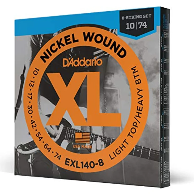 D'Addario XL Nickel EXL140-8 E-Gitarrensaiten 8-Saiter 10-74, vernickelter Stahldraht für hellen, vielseitigen Ton – Bild 1