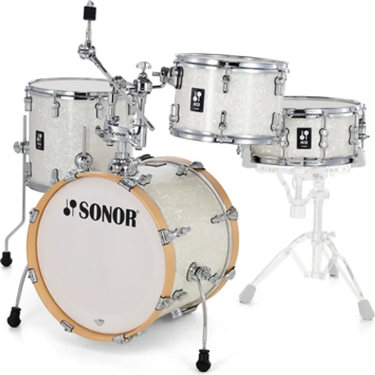Sonor AQ2 Bop Set WHP, 7-lagiger Ahornkessel, 18"x14" Bass Drum, 12"x08" Tom, 14"x13" Stand Tom, 14"x06" Snare, chrom Kesselhardware, Farbe: White Pearl