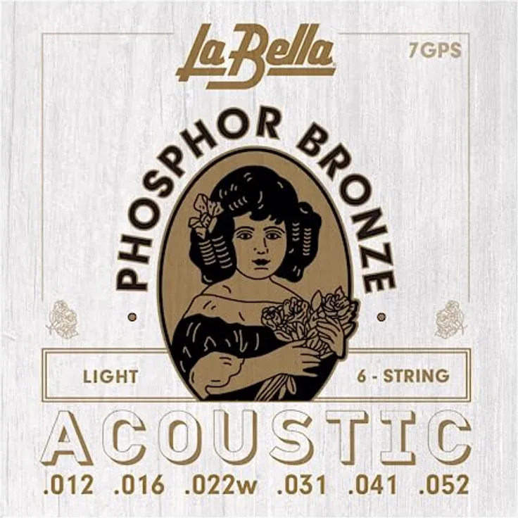 La Bella 7GPS Phosphor Bronze L, Gitarrensaiten für Western Gitarre, Light Tension, Round Wound, .012 - .052, made in USA