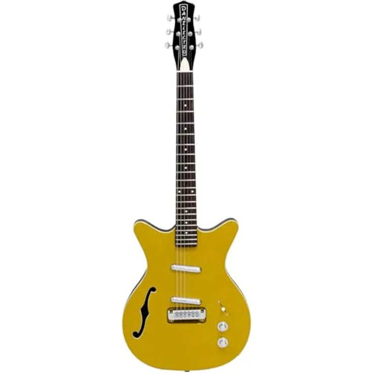 Danelectro Fifty Niner Gold Top, E-Gitarre im Double Cut Design, semi-hollow Korpus, goldene Decke, schwarz lackierte Seiten und Rückseite, 2 x 59 Dano 50's Lipstick Single Coils