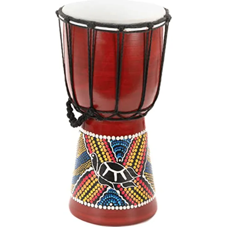 Nexos Trading 30cm Indonesische Djembe „Schildkröte", handgefertigte Trommel mit Ziegenlederbespannung und bunter Dotpaint-Bemalung, braun