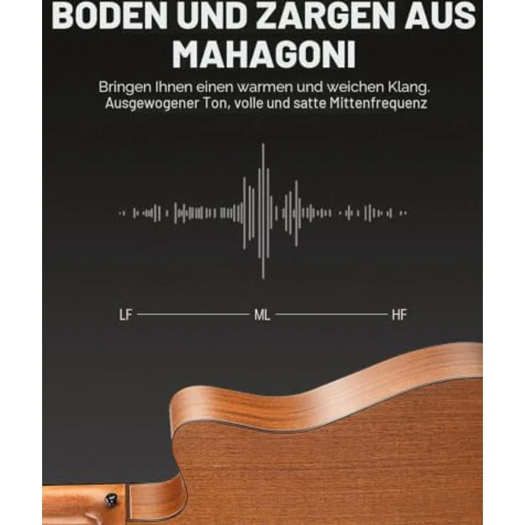Donner Linkshänder Akustikgitarre 4/4 Set, 41 Zoll Cutaway mit Fichtendecke, Mahagonikorpus, Gigbag, Capo und Plektren (Natur) – Bild 3