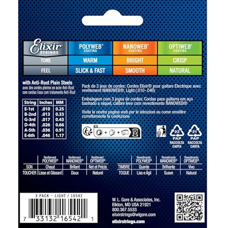 Elixir Strings – Vernickelte Stahlsaiten für E-Gitarre mit NANOWEB-Beschichtung – 3er-Pack Light 10–46, korrosionsbeständig und langlebig – Bild 2