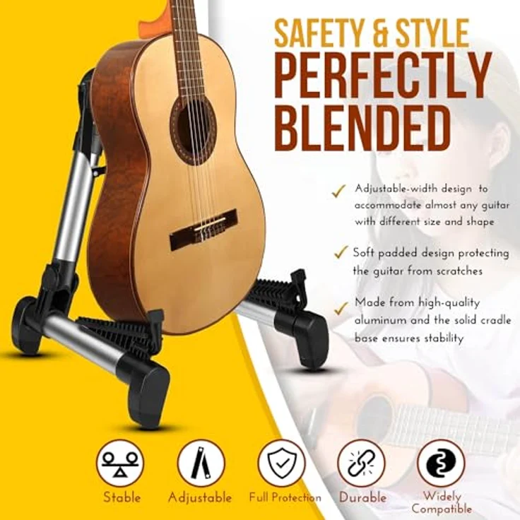 Flexzion A-Rahmen Gitarrenständer, Tragbarer Aluminium-Gitarrenhalter für Akustikgitarre, Cello, E-Gitarre, Bass, faltbar, schaumstoffbezogen, mit Gummipolster, Silber – Bild 3