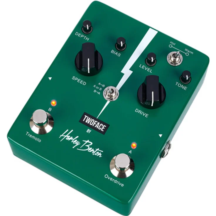 Harley Benton Twoface, duales Overdrive & Tremolo Effektpedal für E-Gitarre mit sanfter Verstärkung und optischem Tremolo