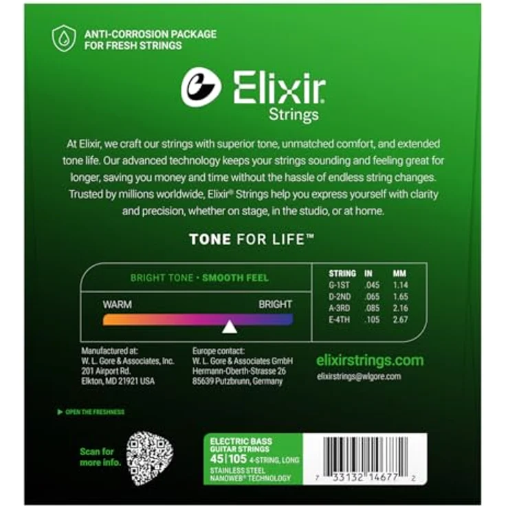Elixir® Saiten Stainless-Steel 4-str. E-Basssaiten mit NANOWEB® Beschichtung, Long Scale, Light/Medium (.045-.105), hoher Korrosionsschutz und brillanter Klangqualität – Bild 2