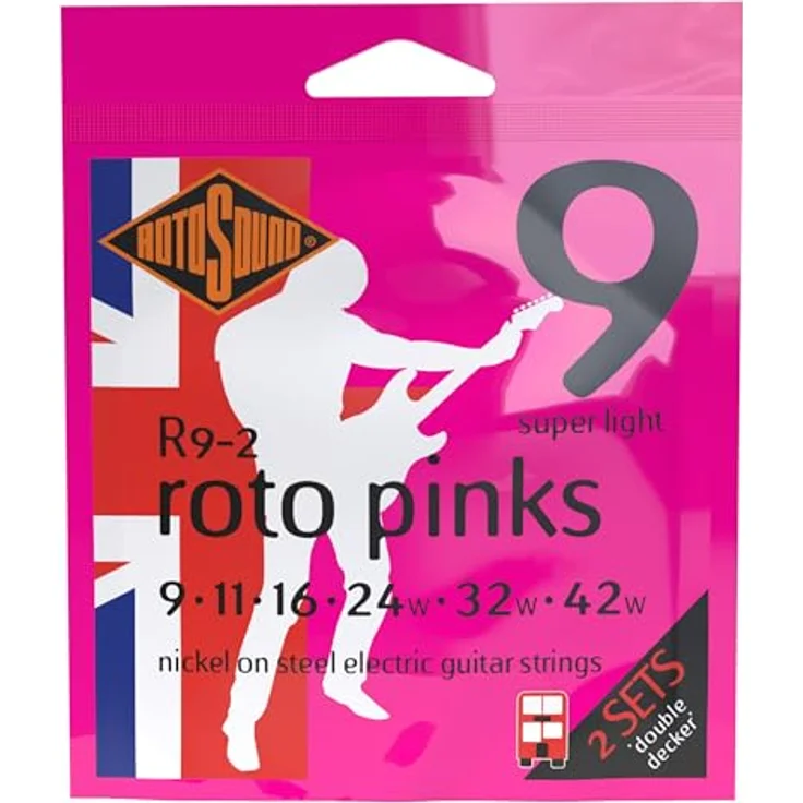 Rotosound Roto Nickel plated Saiten für E-Gitarre, 2 Satz PINKS R9-2 Super Light 9-42, made in UK mit zusätzlicher E1-Saite