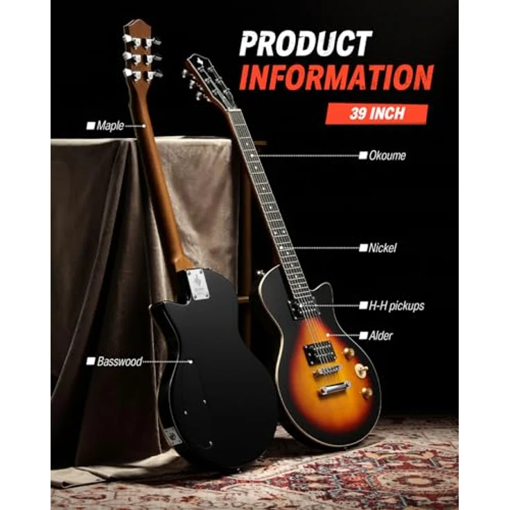 Donner DSC-128 E-Gitarre Einsteigerset, Massivkorpus mit H-H-Tonabnehmern, ergonomischem Hals und Tasche, Sunburst – Bild 4