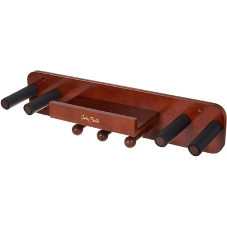 Harley Benton Wall Mount Display Double, Wandinstrumentenständer aus Holz für 2 Gitarren mit Zubehörablage und intelligentem Plektrumhalter, max. Belastbarkeit 12kg