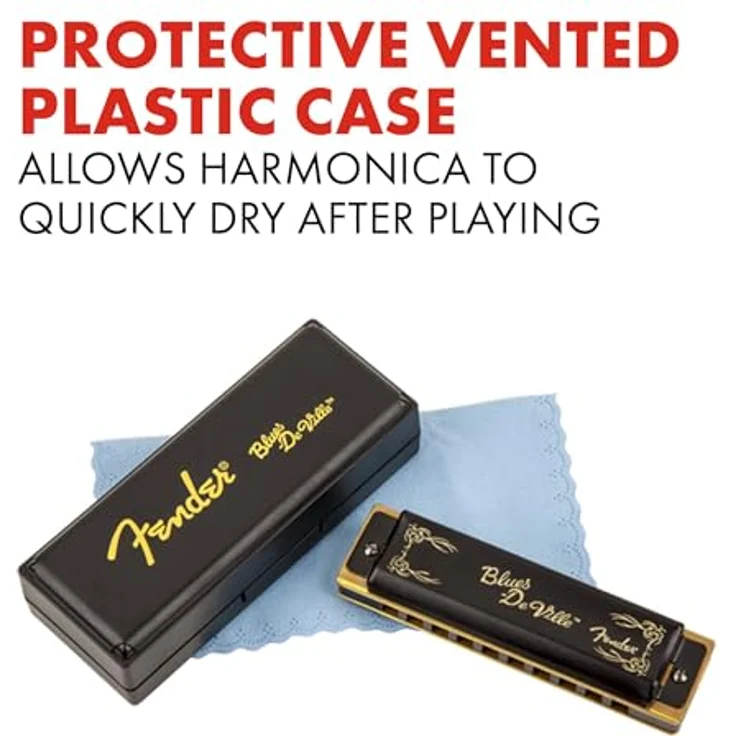 Fender Blues Deville Harp Bb, Mundharmonika in Bb-Dur mit Kunststoff Kanzellenkorpus und Messingstimmplatten, schwarz-goldenes Deckeldesign, inkl. Kunststoffcase – Bild 4