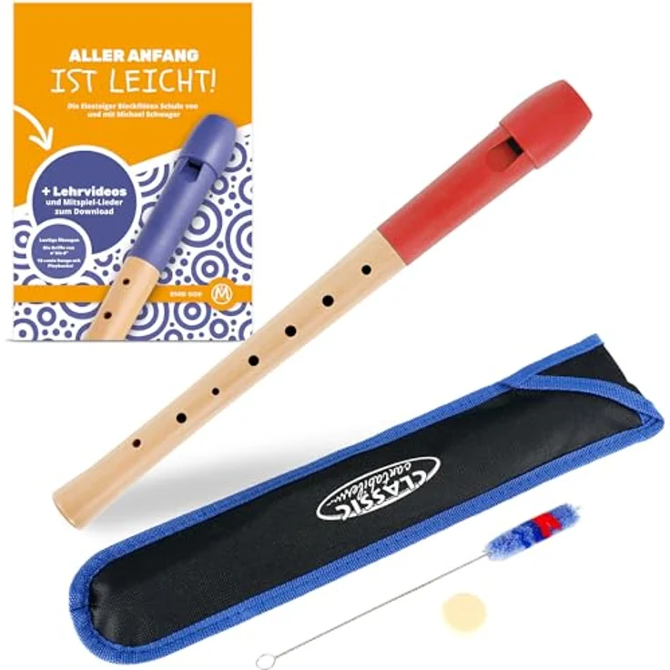 Classic Cantabile Pivella C-Sopran Blockflöte Set, Ahornholz mit Kunststoffkopf, Deutsche Griffweise, inkl. Flötenschule, Etui, Grifftabelle, Wischerstab und Korkfett, Rot – Bild 1