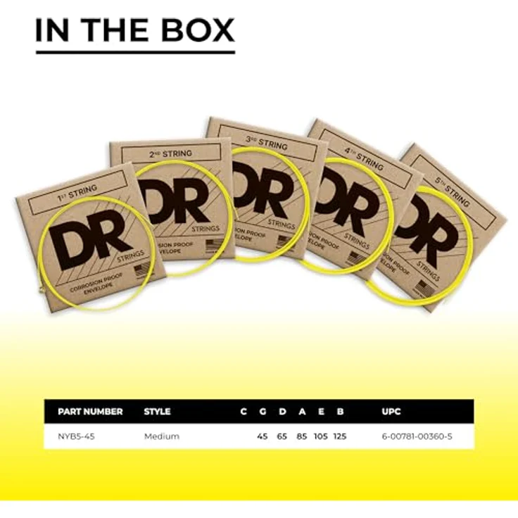 DR Strings Hi-Def Neon Gelb NYB5-45, E-Bass Saiten Medium 45-125 für 5-Saiter, UV-reaktiv mit K3-Beschichtung – Bild 4