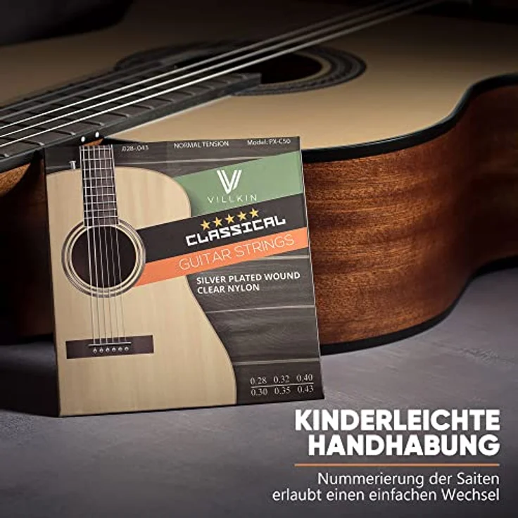 Villkin Gitarrensaiten - Premium Nylon-Saiten für Klassische-, Konzert- & Akustik-Gitarre - Ausgewogener Klang, 6 Saiten Set – Bild 2