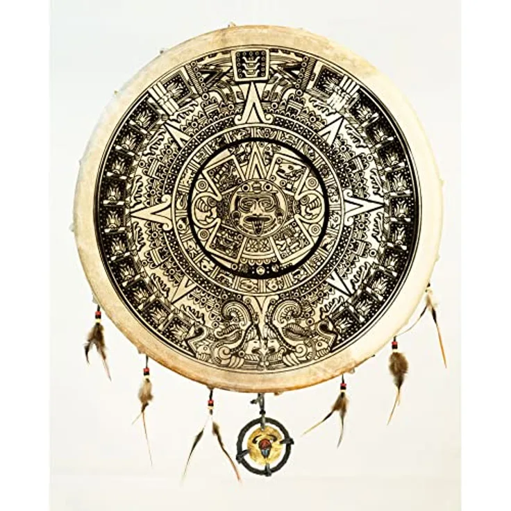 Terre Shaman Drum Goat Skin Maya 50, runde Schamanentrommel aus indonesischem Mahagoni mit Maya Kalender Motiv, 50 cm Durchmesser, einschließlich Stock und Federn