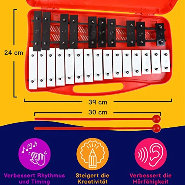 A-Star 25-Noten-Sopran-Chromatisches Glockenspiel-Xylophon, rotes Gehäuse, 2 Oktaven G5 bis G7, 10er-Pack mit zwei Kunststoffschlägeln – Bild 2