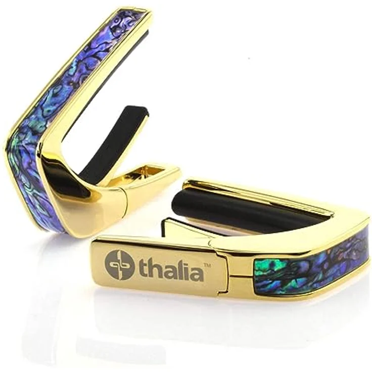 Thalia Capo Shell Collet Blue Abalone Gold, hochwertiger Kapodaster mit ein-Hand-Bedienung und austauschbaren Fretpads für verschiedene Griffbrett-Radien – Bild 1