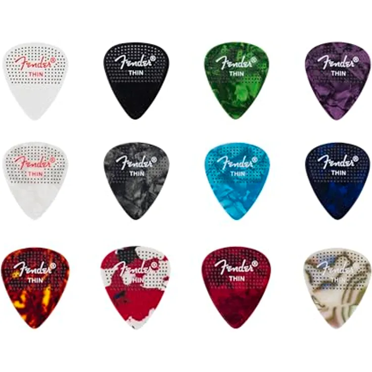 Fender 351 gepunktete Zelluloid-Plektren, dünn, 12 Stück in verschiedenen Farben mit rutschfestem Griffdesign