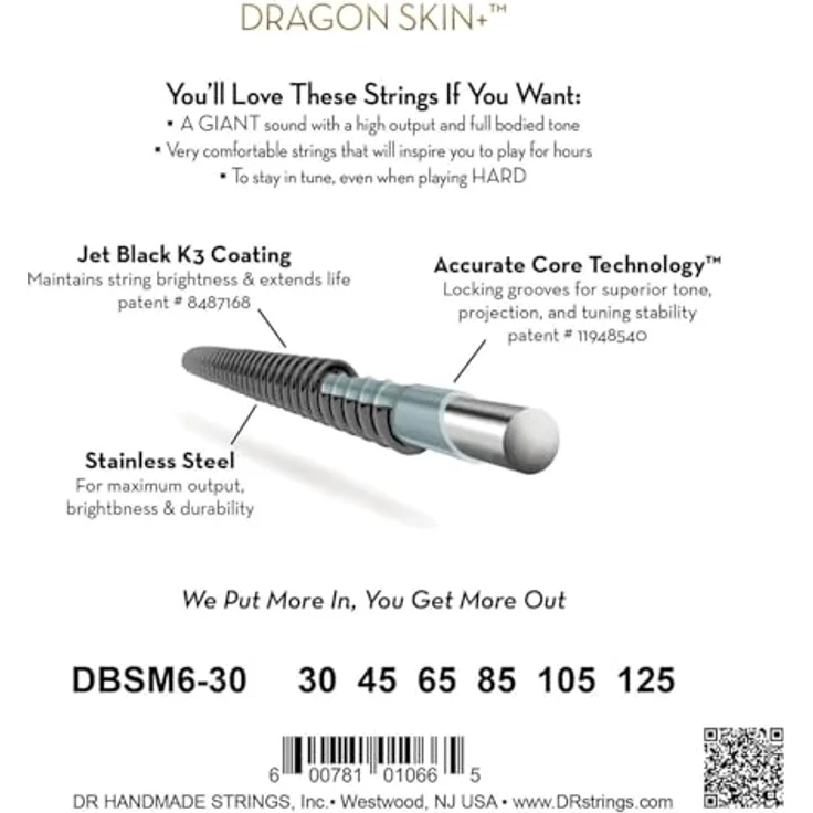 DR Strings Black Dragon DBSMB6-30 Coated, 6-saitiger Tapered Multi-Scale Gitarrensaitensatz aus rostfreiem Stahl mit mikro-dünner Coating, Medium Gauges 30-125t – Bild 2