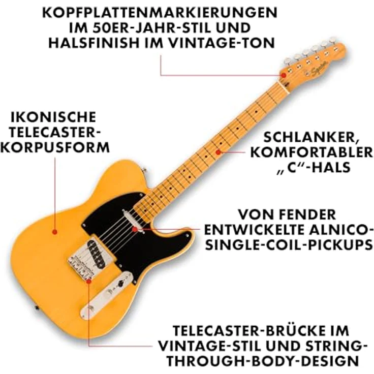 Fender Classic Vibe 50s Telecaster, E-Gitarre mit Alnico-Single-Coil-Tonabnehmern, Ahorn-Griffbrett, Butterscotch Blonde, geeignet für Blues, Rock und Country – Bild 2